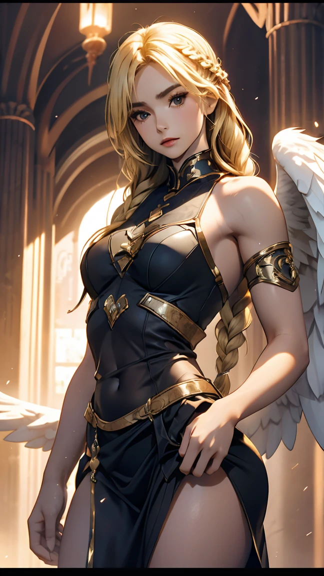  an ultra realistic girl.,    body  , long blonde braided hair with bangs , Alone ,  six plans  ,   , panties  , threatening face , Angel wings  ,  Dungeon , small breasts .