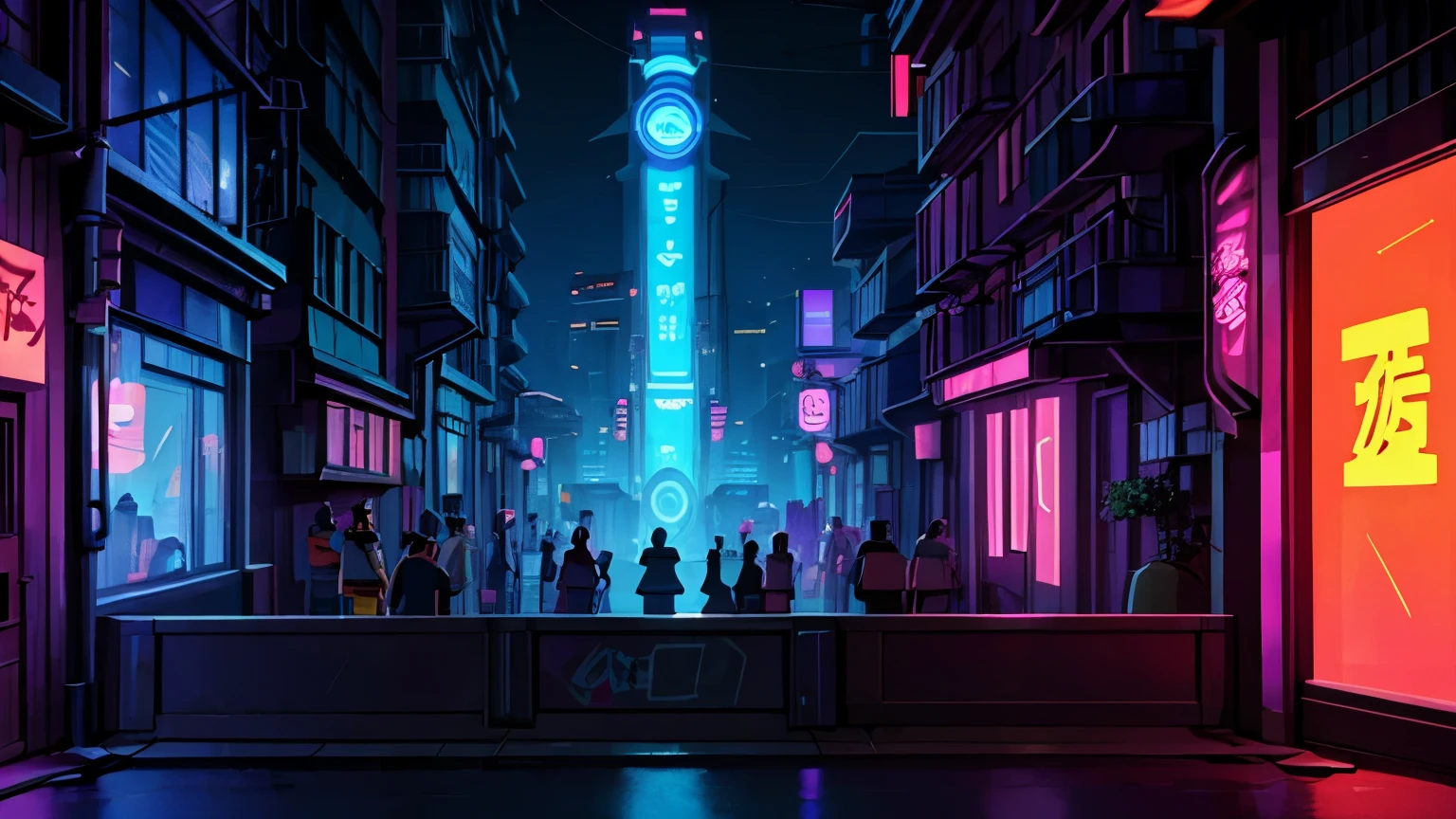 An urban street comes alive at dusk in a Japanese cyberpunk setting, lit by colorful neon lights and floating holograms. Futuristic graffiti adorns the walls of the buildings. Characters in a variety of styles, some in groups, others alone, create an atmosphere of tension and excitement. In the background, a brightly lit bar draws attention.