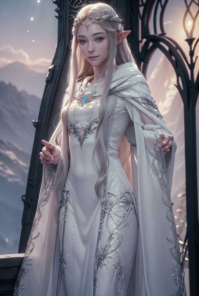 1girl, Solo, Looking at viewer, Absurdly Long Hair, Golden Hair, Pointy Ears, Purple Eyes, Pale Skin, Smile, Elf, Lord Of The Rings, Vanyar Elf, White Robes. 

- **Height:** 6'2" (188 cm)
- **Build:** Slender and graceful, with an air of ethereal elegance typical of the Vanyar elves.
- **Hair:** Long, flowing golden hair that shimmers like sunlight, often adorned with delicate silver filigree circlets and small crystalline beads.
- **Eyes:** Deep violet eyes, radiating wisdom and a serene calmness, with a slight luminescence that hints at her deep connection to the light of Aman.
- **Skin:** Pale, almost translucent skin that glows faintly in the moonlight.
- **Clothing:** Aranel wears flowing robes of the finest silks, in shades of white and silver,  Her attire is intricately embroidered with silver threads in patterns that mimic the constellations. She often wears a long, hooded cloak, also adorned with silver embroidery, which billows gracefully as she moves.