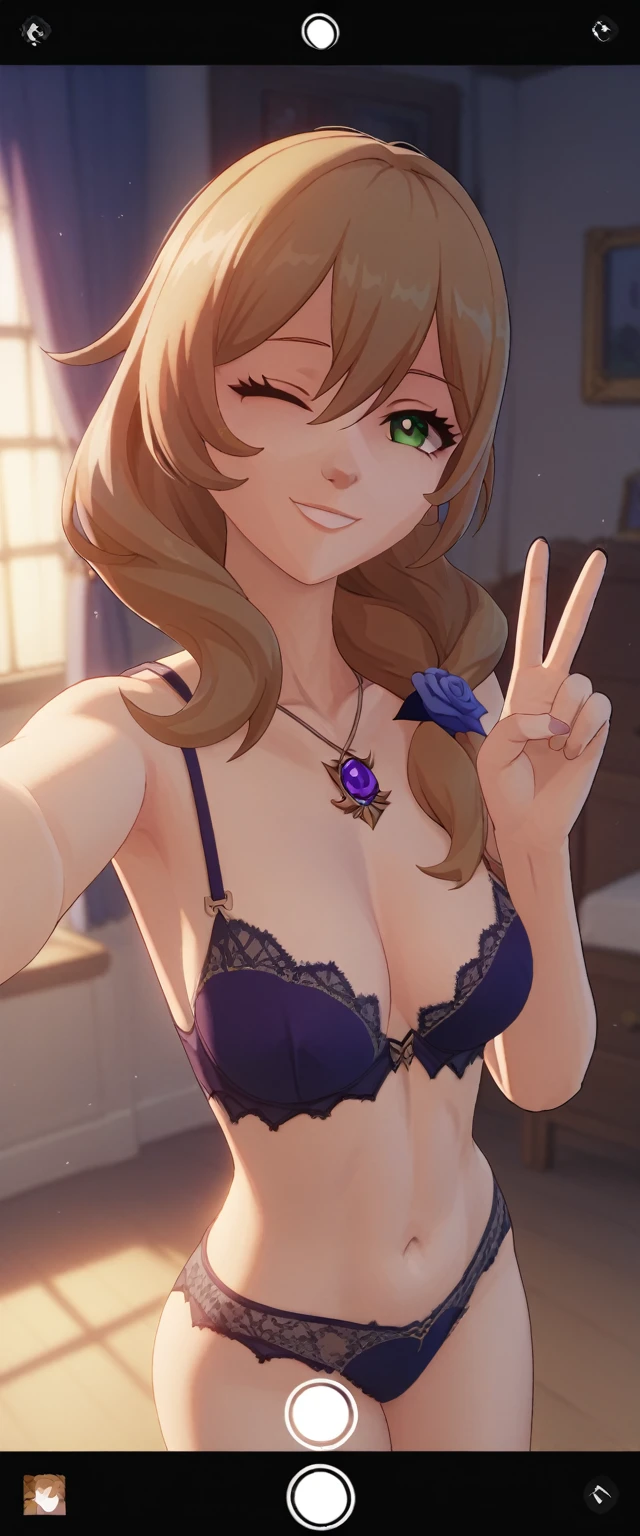 Lisa Genshin Impact game style, 3D,lingerie, selfie, user interface, fake screenshot, viewfinder,smiling,one peace sign,winking 