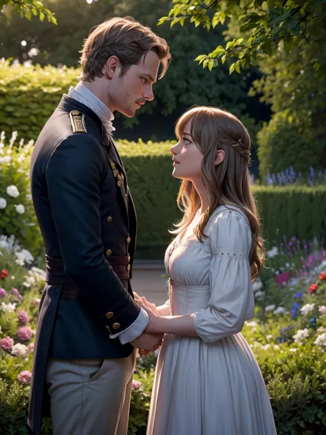 dakota johnson y jamie dorman, of the british regency in a garden at dusk looking into each other&#39;s eyes