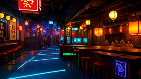 a small ramen restaurant, decorated with vibrant neon lights and holograms of dishes. metal tables, lively atmosphere, varied cu...