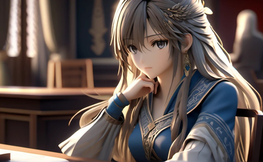 A poor woman,face and eyes on right side, beautifully dressed, sat on a chair in front of a desk, some clothes are on the deskancient times, 3D, realistic anime character, extremely detailed face and eyes, long flowing hair, intricate details, photorealistic, cinematic lighting, dramatic shadows, high quality, masterpiece, 