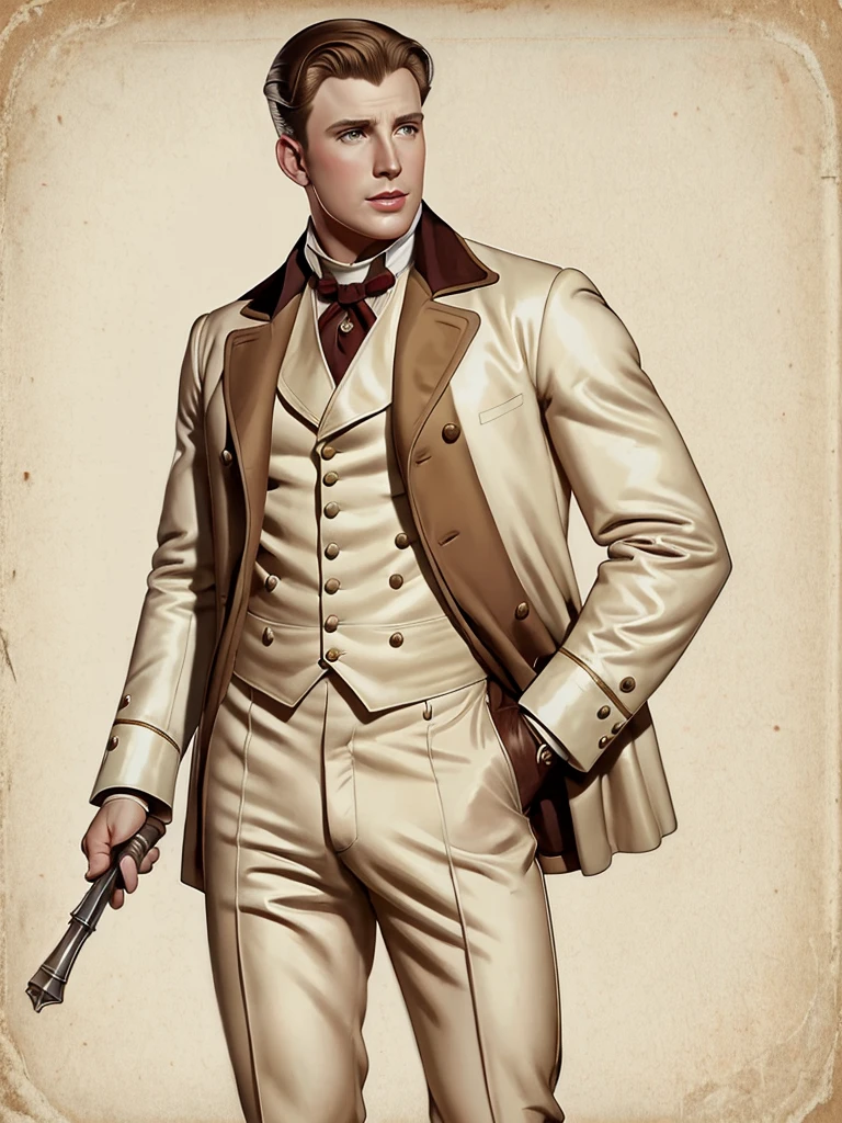 Leyendecker style illustration;  Hombre hermoso, Chris Evans, Parte superior del cuerpo, British regency attire from the 19th century era