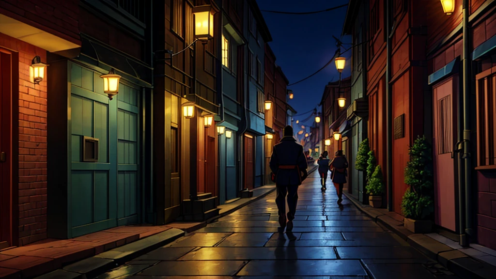 A narrow, cobbled street lined with modern brick buildings and traditional Japanese elements, such as paper lanterns. Futuristic street lamps gently light the way. A few passers-by in stylish clothes chat on the sidewalk, while a cybernetic cat wanders between the heroes' legs. At the end of the street, a retro-futuristic bar comes into view.