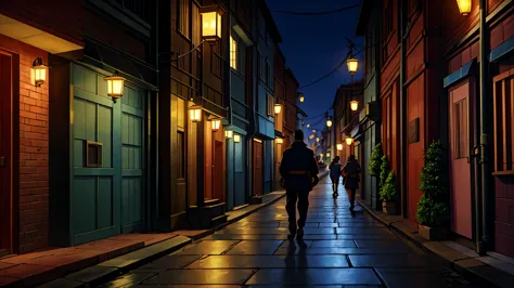 a narrow, cobbled street lined with modern brick buildings and traditional japanese elements, such as paper lanterns. futuristic...