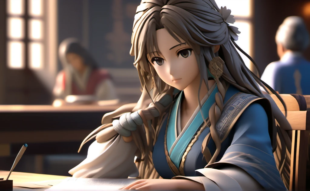 A poor woman,face and eyes on right side, beautifully dressed, sat on a chair in front of a desk, some clothes are on the desk, doing some paper work,ancient times, 3D, realistic anime character, extremely detailed face and eyes, long flowing hair, intricate details, photorealistic, cinematic lighting, dramatic shadows, high quality, masterpiece, 