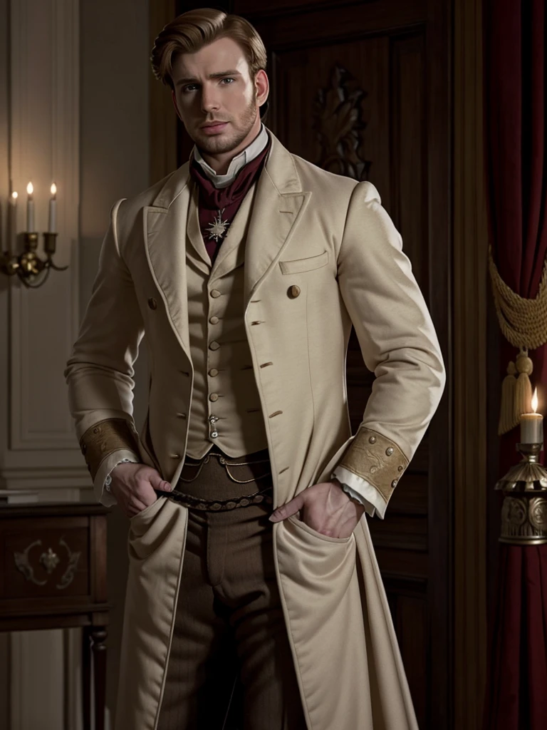 Hombre hermoso, Chris Evans, Parte superior del cuerpo, British regency attire from the 19th century era