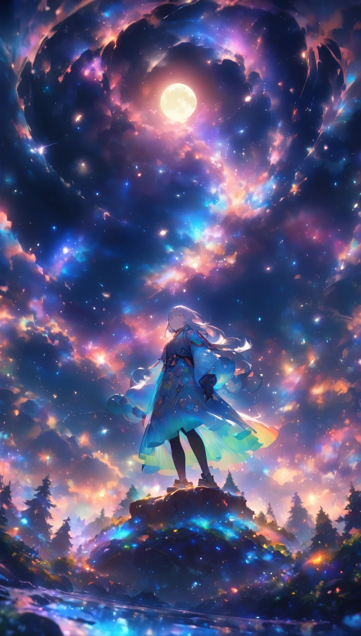 expansive landscape photography (a view from below showing the sky above and an open forest below), woman standing on a paved path looking at the landscape, woman, (particle of light around the woman), blue hair (long and bushy), heated outfit (made of high quality fur and embroidery), night setting, (full moon: 1.2), (shooting stars: 0.9 ), (nebula: 1.3), (warm light source: 1.2), (Firefly: 1.2), (snowflake: 1.0), (snow on tree) (masterpiece: 1.2), (best quality) , 4k, ultra detailed, (dynamic composition: 1.4), very detailed and colorful details, (iridescent colors: 1.2), (vivid lighting, ambient lighting), dreamy, magical, (alone: ​​1.2)