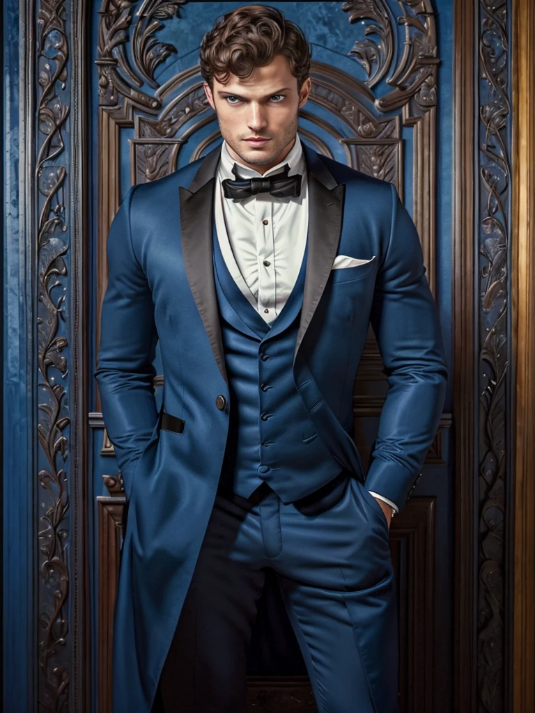 masterpiece stunning beautiful masculine jamie dornan, wearing regency dress, without hat, ((victorian stately background)), very short black hair and neat hairstyle, perfect, Large, detailed blue eyes, Similarity with Henri Cavill with Maxi Iglesias, Harmonious and detailed face, Whole body, cover, Hyper-detailed painting, luminismo, bar lighting, complex, Conceptual portrait