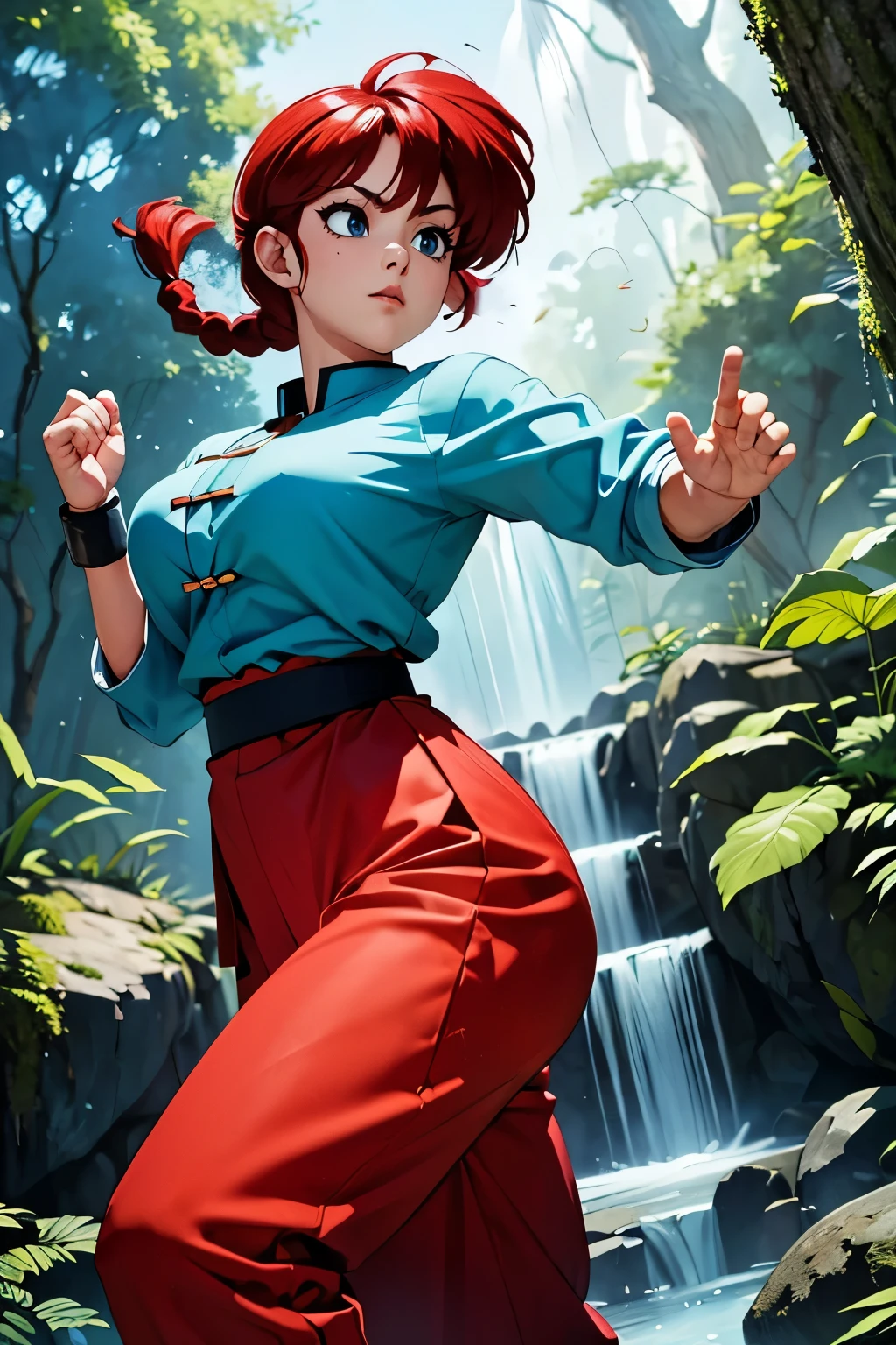 (8K, Photo brute, best quality, artwork:1.2), RanmaChan, RanmaRedShirt, blue pants, martial arts, forest