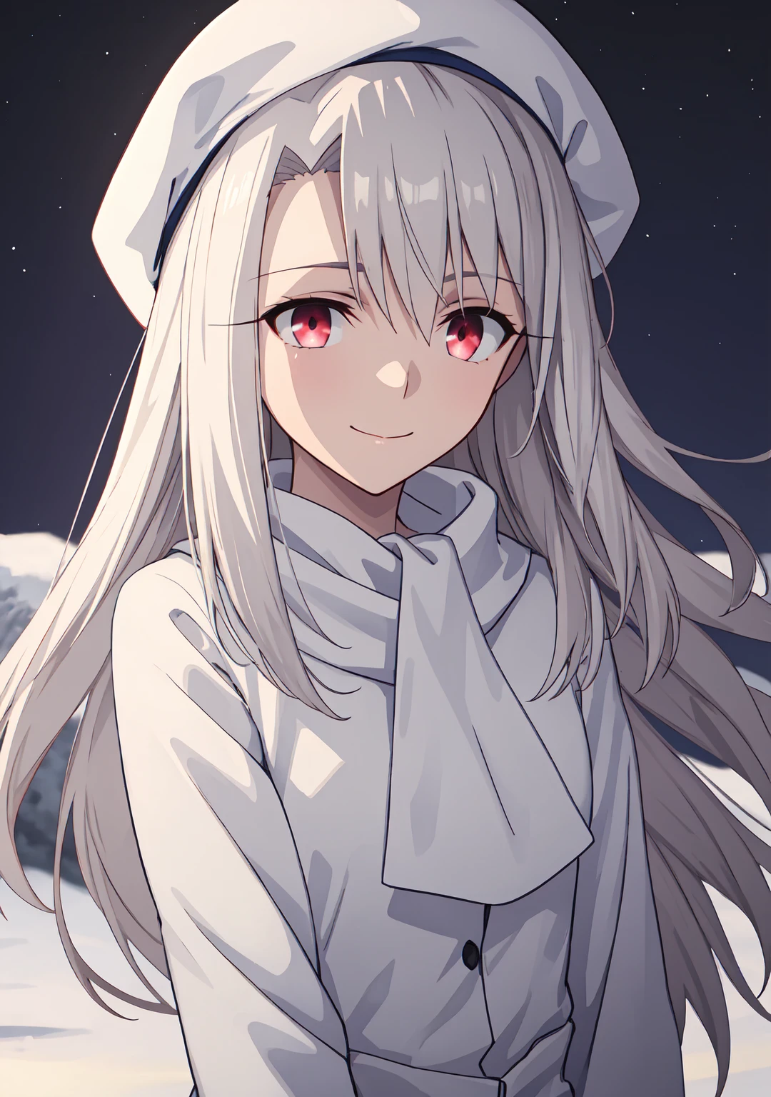 best quality, masterpiece, highres, solo, (illyasviel_von_einzbern_fatestaynightufotable:1.10), 1girl, papakha, night, dark sky, northern lights, aurora borealis, deep red eyes, white scarf, white headwear, white coat, anime coloring, closed mouth, looking at viewer, smile, confident, outdoors, upper body, anime_style, 3