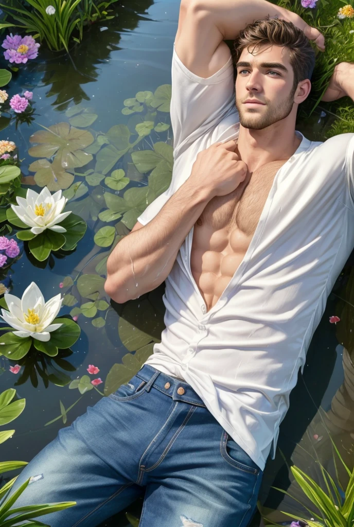 masterpiece, best quality, 1 male, adult, handsome, tall muscular guy, broad shoulders, finely detailed eyes and detailed face, extremely detailed CG unity 8k wallpaper, intricate details, The pond is filled with colorful flowers, A man lying on back comfortably in it, from directly above, white shirt, jeans, wet, colorful, artistic, depth of field