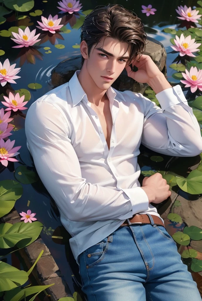 masterpiece, best quality, 1 male, adult, handsome, tall muscular guy, broad shoulders, finely detailed eyes and detailed face, extremely detailed CG unity 8k wallpaper, intricate details, The pond is filled with colorful flowers, A man lying on back comfortably in it, from directly above, white shirt, jeans, wet, colorful, artistic, depth of field