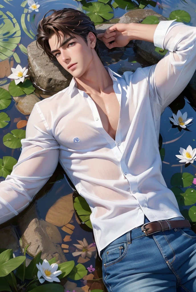 masterpiece, best quality, 1 male, adult, handsome, tall muscular guy, broad shoulders, finely detailed eyes and detailed face, extremely detailed CG unity 8k wallpaper, intricate details, The pond is filled with colorful flowers, A man lying on back comfortably in it, from directly above, white shirt, jeans, wet, colorful, artistic, depth of field