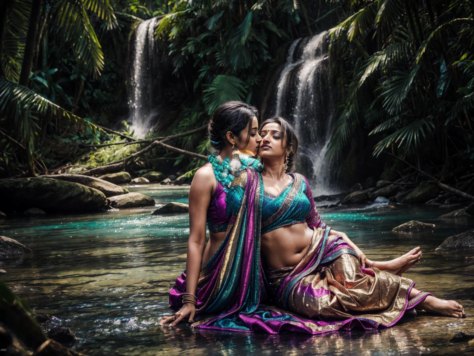 trisha:1.3,1 girl(trisha), 1 boy(random guy), passionate romantic kiss, 2 beautiful indian women Actress, colorful sequin sarees, lush tropical gorge landscape, (best quality,8k,highres,masterpiece:1.2),ultra-detailed,realistic,photorealistic,photo-realistic:1.37,intricate details,cinematic lighting,dramatic shadows,vivid colors,ornate jewelry,detailed fabric textures,elegant poses