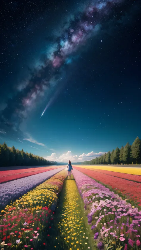 there is a girl standing in a flower field looking up at the sky, a girl standing in a flower field, girl walking in a flower fi...