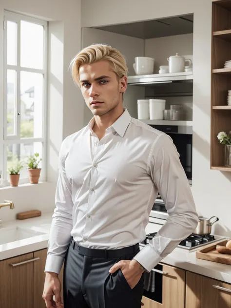 handsome man 3. tired sad face. aryan appearance. blonde hair. light eyes. german. dressed in a shirt and formal trousers. it st...