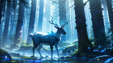 a magical deer with glowing blue horns in a fairy tale forest at night, the horns beautifully glow in the mist and illuminate th...