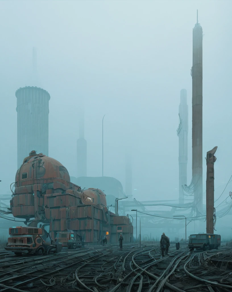 Picture a remote,desolate industrial facility shrouded in a thick,stable fog. Within this eerie mist,massive,antiquated machines loom,partially obscured yet somehow even more imposing. Amidst the haunting silence,enigmatic beings move with purpose,their presence intertwined with the mechanical monoliths. Craft an evocative scene that captures the stable diffusion of man-made marvels and the enigmatic unknown in the unmistakable style of Simon Stålenhag,