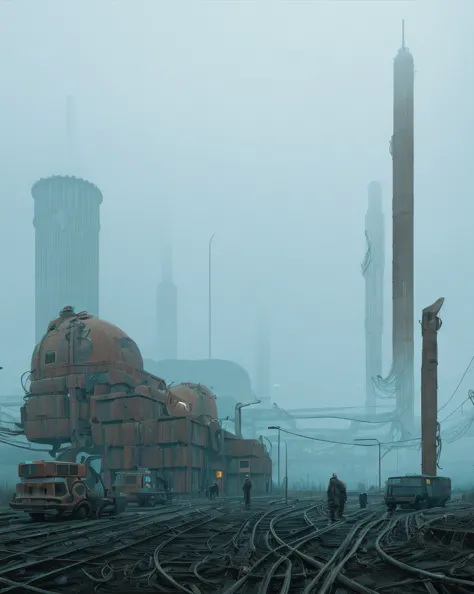 picture a remote,desolate industrial facility shrouded in a thick,stable fog. within this eerie mist,massive,antiquated machines...