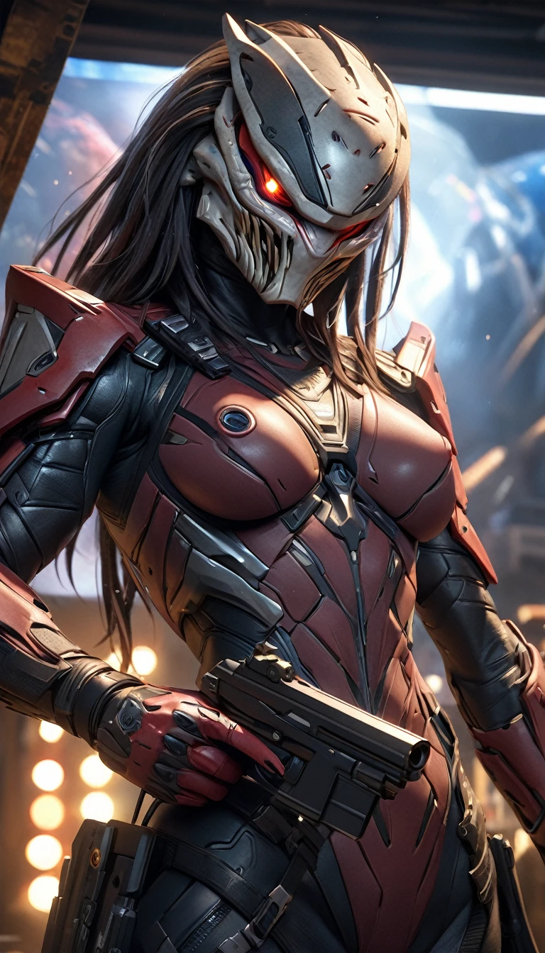 a female predator, killer, assassin, unnatural skin, female body predator, realistic digital painting, sci-fi, aiming from hidden weapon attached to arm, (best quality,4k,8k,highres,masterpiece:1.2),ultra-detailed,(realistic,photorealistic,photo-realistic:1.37),HDR,UHD,studio lighting,ultra-fine painting,sharp focus,physically-based rendering,extreme detail description,professional,vivid colors,bokeh,cinematic light,cosmic light