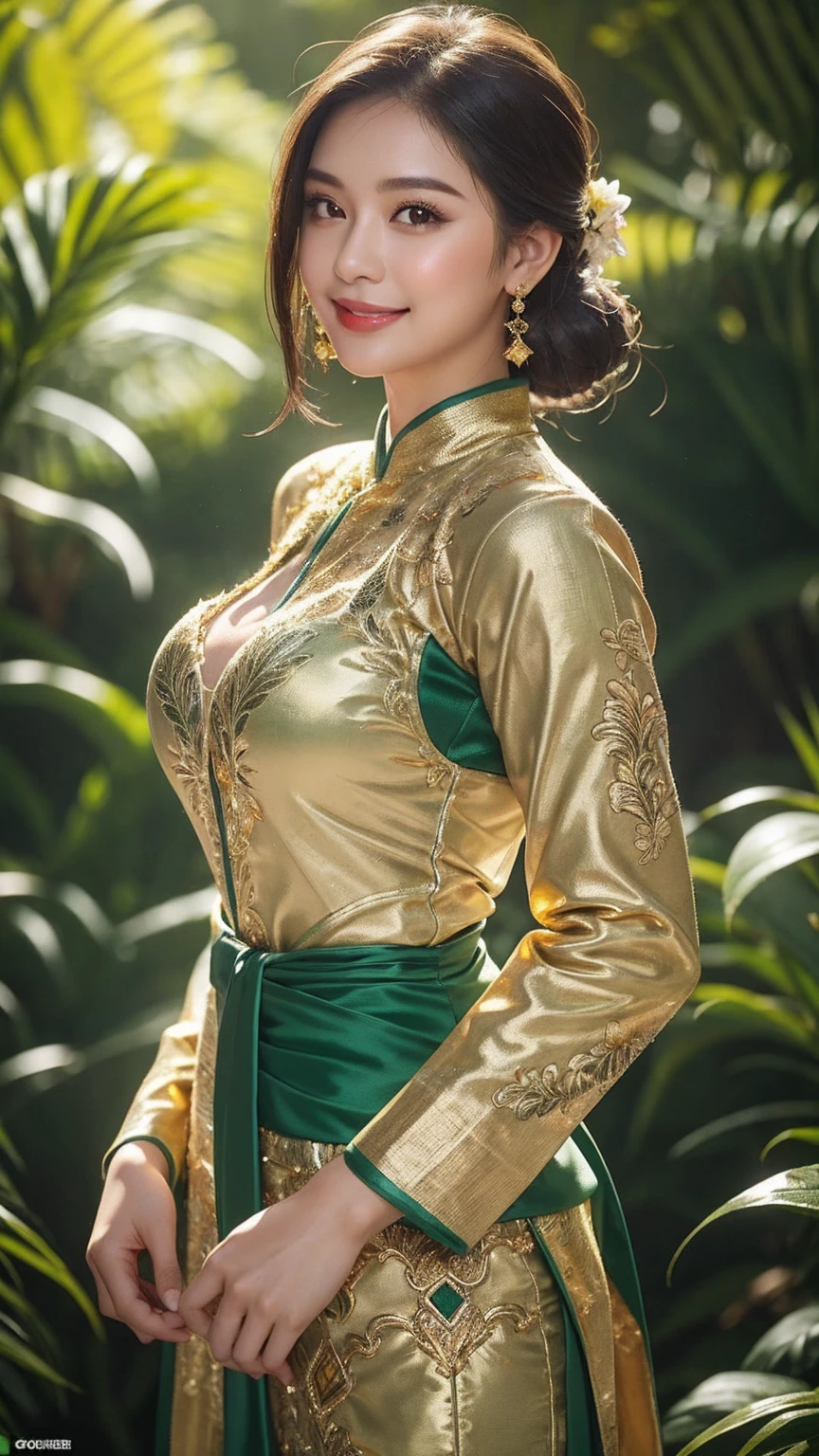 Gorgeous Girl, Soft Smiling Face, Face Age 25 Years, Natural Skin, Large Colossal Breasts, Both Arms Open to The Side, ((Green - Gold Kebaya)), Green Indonesian Kebaya, ((Gold - Brown Eyes)), Gold - Brown Retina, Muscles, Bokeh, Indonesian Culture Background, Masterpiece, Straight Black Hair, Perfect Lighting, 8K, UHD, HDR, 