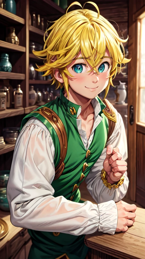 masterpiece, best quality, ultra-detailed, illustration, 1boy, solo, male focus, looking at viewer, upper body, , meliodas_nanatsu_no_taizai, blonde hair, blu eyes, jacketBlue eyes, Blonde Hair, without a shirtBlush, Smile, s3xy smile