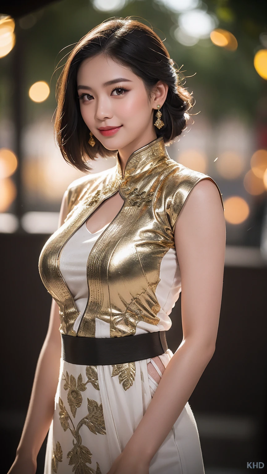 Gorgeous Girl, Soft Smiling Face, Face Age 25 Years, Natural Skin, Large Colossal Breasts, Both Arms Open to The Side, ((White-Gold-Black Kebaya)), Black Indonesian Kebaya, ((Gold-Brown Eyes)), Brown Retina, Muscles, Bokeh, Indonesian Culture Background, Masterpiece, Straight Black Hair, Perfect Lighting, 8K, UHD, HDR, RAW, Ultra High Resolution 