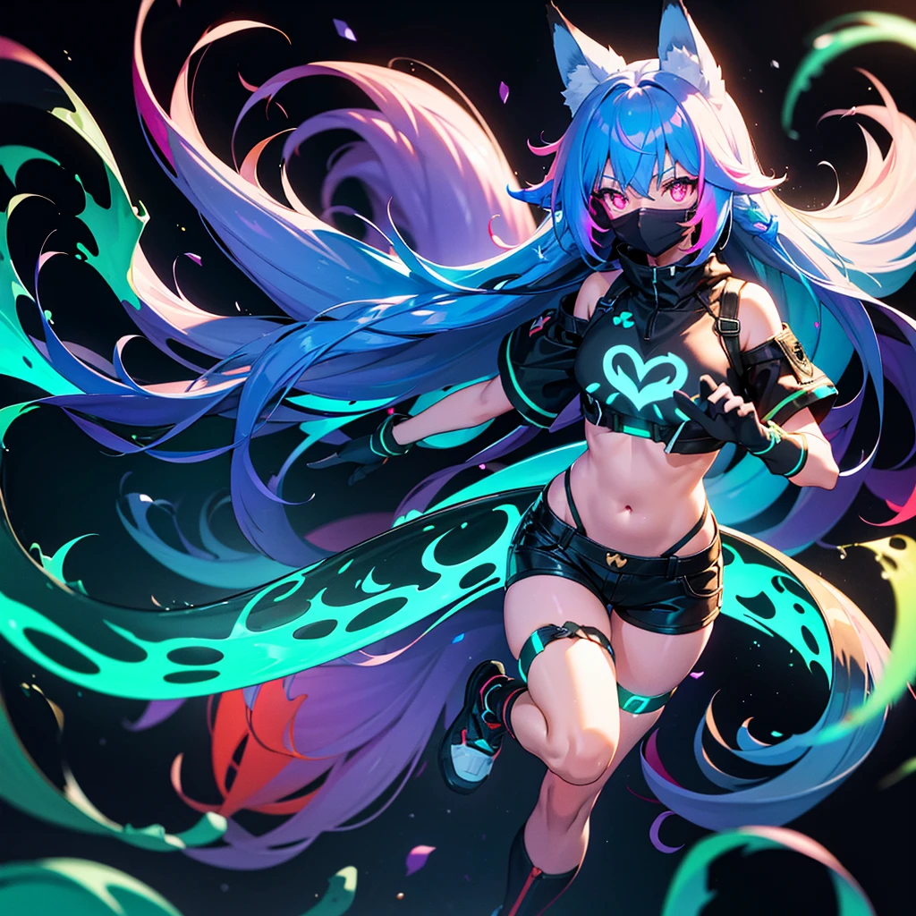 Fox girl, glow hair, multicolored hair, very long hair, blue hair going into white color, full body, slime chest strap, slime short shorts, long fox ears, 9 fox tails, black mouth mask, heart-shaped pupils, glowing eyes, white eyes