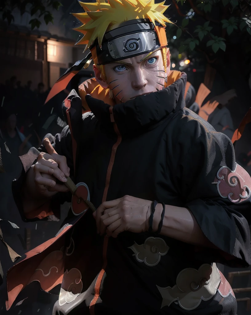 1boy,solo,naruto \(naruto\),(upper body:1.2),akatsuki outfit,looking at viewer,masterpiece,best quality,absurdres,highly detailed,photo realistic,best shadow,dramatic lighting,depth of field,outdoors,rain,city,night,