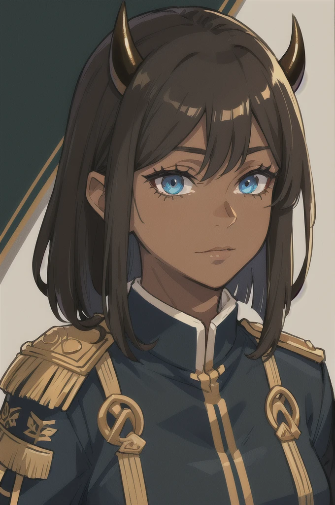 Masterpiece, best quality, high-res, extremely detailed, 1woman, old woman, mature woman, black hair, (dark brown skin tone:1.2), dark brown skin tone, blue eyes, ((black and gold military uniform)), long bob, black hair, neutral expression, black ox horns,