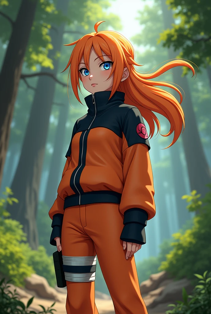 Female Naruto, hair orange, com fundo de floresta