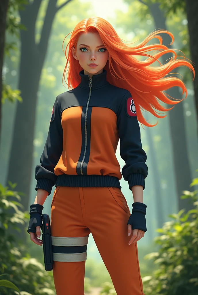 Female Naruto, hair orange, com fundo de floresta