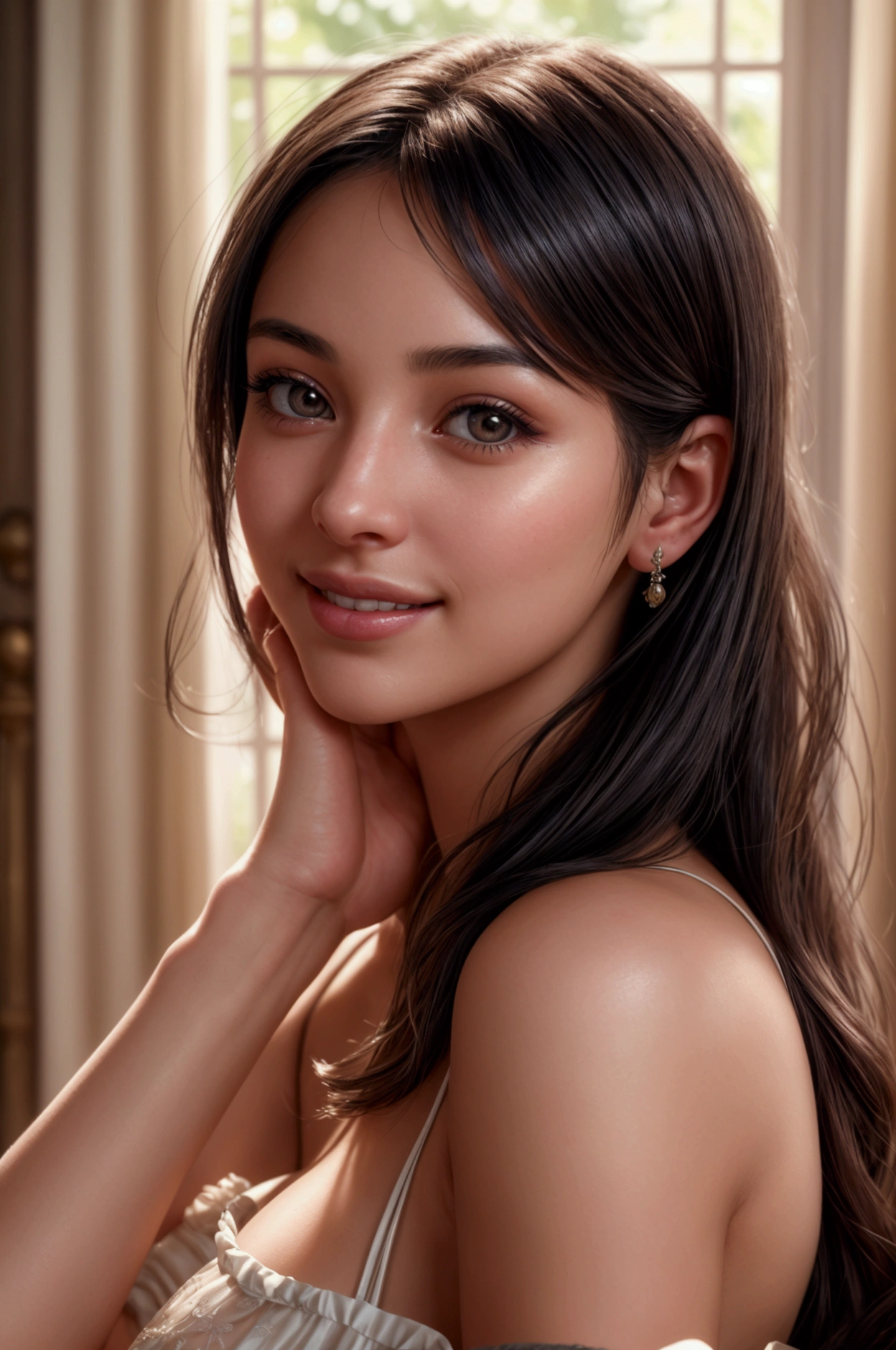 ultra-realistic image depicts a whimsical scene of a young woman in close-up with a perfect face, a Colombian model, black hair and grey eyes. The beautiful young woman is in a playful pose with a perfect smile showing all her happiness.  cozy and charming atmosphere of the image. The scene is set against a soft background, highlighting the feeling of harmony. The composition is centered on the beautiful young woman, drawing the viewer's attention to her ultra-realistic details and intricate textures. The lighting is soft and diffuse, casting a warm glow over the scene, creating a feeling of comfort and nostalgia. Keywords: whimsical, realistic, cozy, charming, pastel colors, intricate details, soft lighting, realism, cinematic, studio shot, perfect contrast, high sharpness, depth of field, ultra-detailed photography, global illumination, soft, ultra-high definition, 8k, unreal engine 5, ultra-sharp focus, award-winning photography.