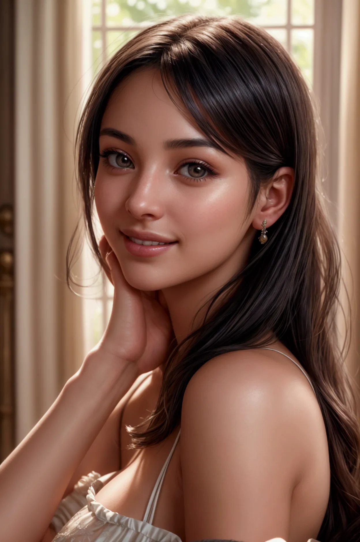 ultra-realistic image depicts a whimsical scene of a young woman in close-up with a perfect face, a colombian model, black hair ...