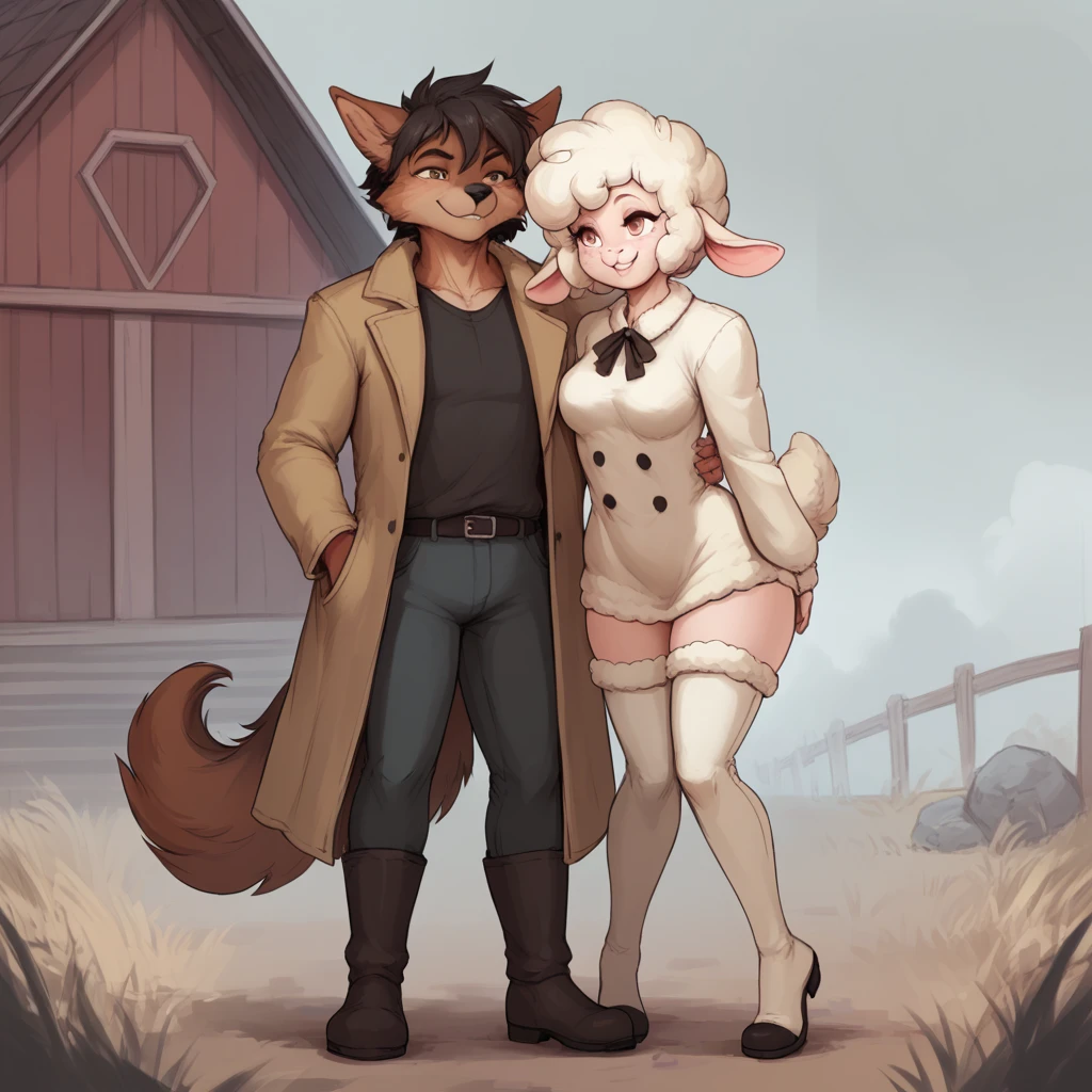 [2person], (anthropomorphic sheep woman, Short and cute hair, curly, ovelha, breasts small, appealing, wool coat, , white thigh high boots, long sleeves, shapely body, sheep tail, big, freckles, freckles no rosto, smug eyes, (animation expression), She is standing, coxas bigs), 
Breaking. 
 (anthropomorphic werewolf,  (brown wolf man), tabby, appealing, wearing sheepskin, wool coat, White sneakers, shapely body, wolf tail, flirtatious eyes (expression of passion), he is standing talking),  
Breaking.   
both (sheep woman and wolf man) are talking and having fun together, busy barn, (lateral view)