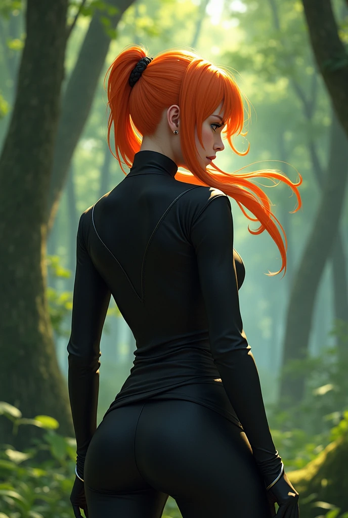 Karin in ninja outfit, with orange hair, turned back, com fundo de floresta