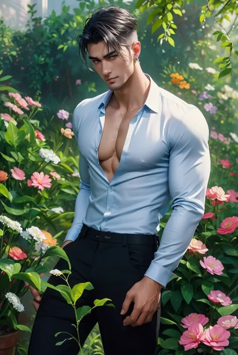 oil painting of a tall handsome muscular young man with a chiseled physique standing in a lush, blooming meadow during springtim...