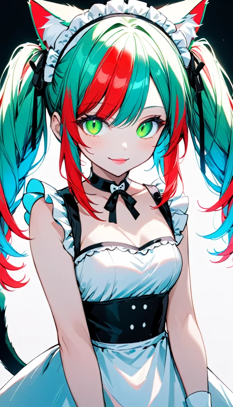 1 Girl, Medium Breasts, Blue and Red Hair, Two Tone Hair, Neon Cyan Highlights In Hair, Twintail Hair Style, Long Hair, Emerald Green Eyes, Pale Skin, Smooth Skin, Soft Features, Nice Lips, Nice Smile, Cute Face, White Dress, Cat Girl, Neko, Cat Ears, Cat Tail, Maid Costume, White gloves, 