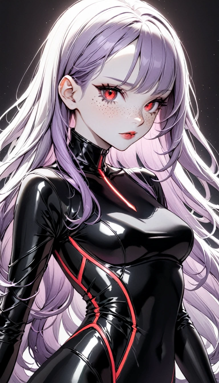 1 Girl, Medium Breasts, Light Purple Hair, Silver Highlights In The hair, Red Eyes, Nice Eyes, Long Hair Style, Freckles, Nice Lips, Nice Nose, Pale White Skin, Smooth Skin, Black Assassin Outfit, Sexy Outfit, Sexy, 