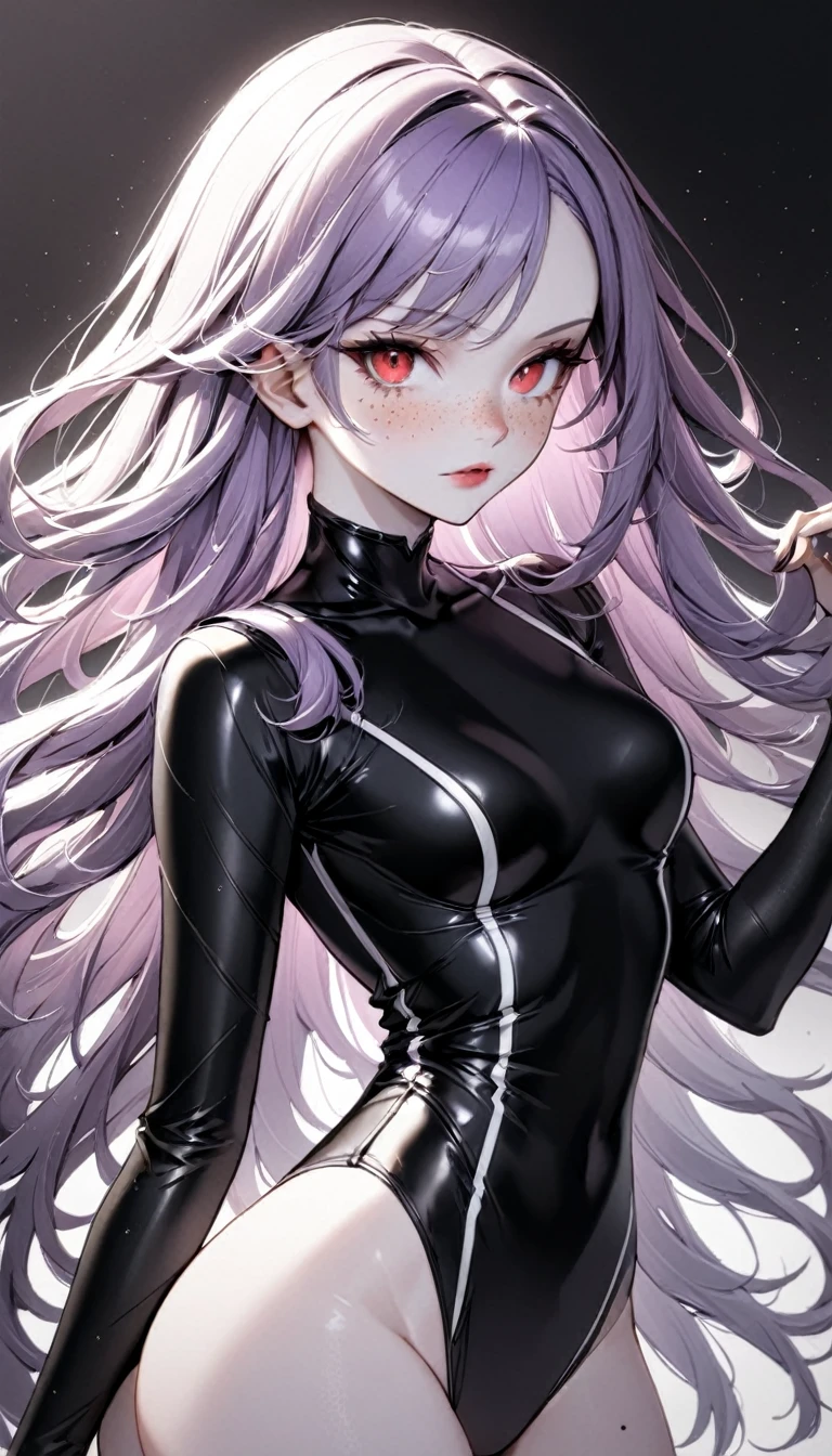 1 Girl, Medium Breasts, Light Purple Hair, Silver Highlights In The hair, Red Eyes, Nice Eyes, Long Hair Style, Freckles, Nice Lips, Nice Nose, Pale White Skin, Smooth Skin, Black Assassin Outfit, Sexy Outfit, Sexy, 