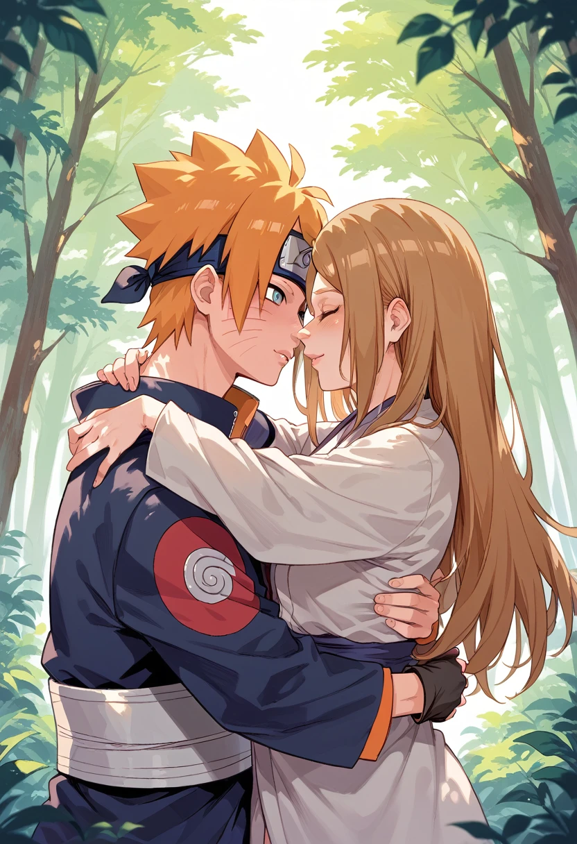 (((Naruto style))) couple hugging in the forest, Brown haired boy(((Neji Hyuga))) girl with long orange hair