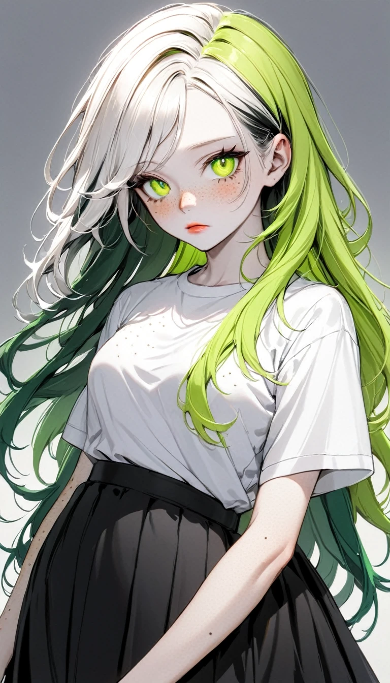 1 Girl, Medium Breasts, Half Orange Hair And Half Lime Green Hair, Split Hair Color, Two Hair Colors, Lime Green Eyes, Nice Eyes, Long Hair Style, Freckles, Nice Lips, Nice Nose, Pale White Skin, Smooth Skin, Uncaring Look, Sexy, Bitch, Baggy White Shirt, Black Long Skirt