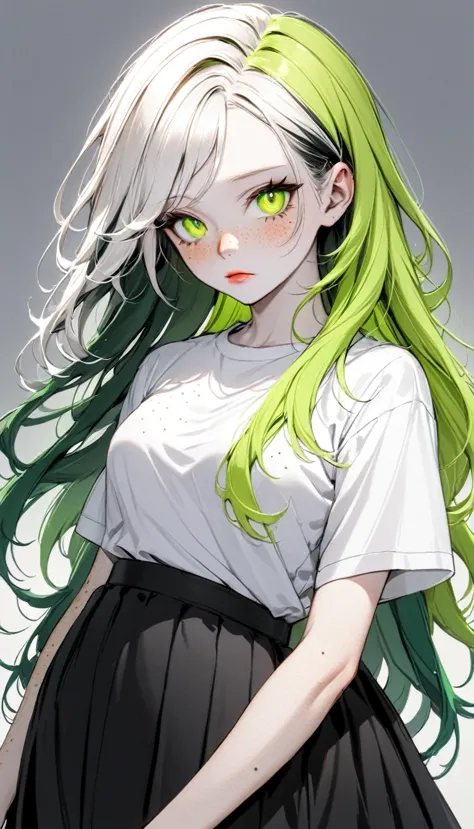 1 girl, medium breasts, half orange hair and half lime green hair, split hair color, two hair colors, lime green eyes, nice eyes...