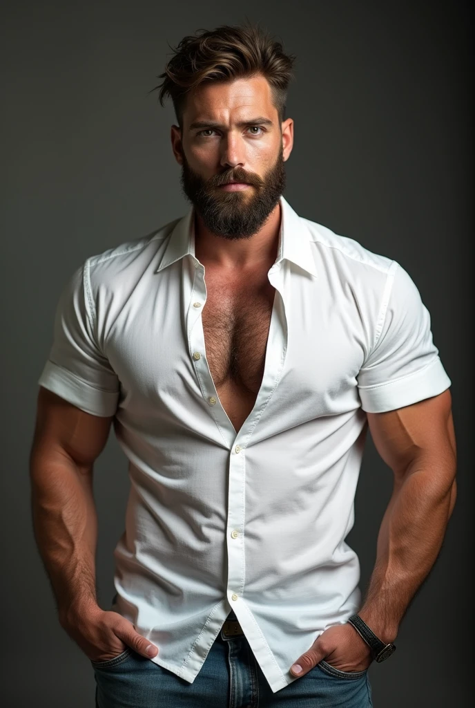 Prompts Copy prompts A bearded man wearing a white shirt and jeans poses for a photo, a picture by Louis Hersent, flickr, renascentist, wearing tight shirt, tight shirt, wet tshirt, wet tshirt, wearing a muscle tee shirt, Open V-neck clothing, dressed in a white t-shirt, very muscly, shirt wet, comely. big muscles, tall and muscular