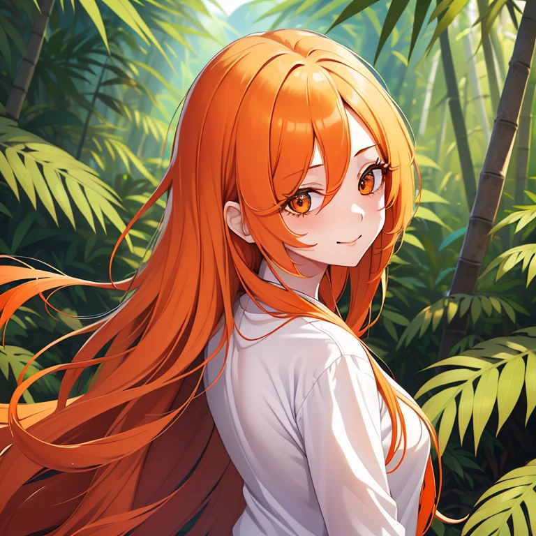 1 girl, alone, trunk,
hair orange, long hair,
orange eyes, long eyelashes, thick eyelashes, looking ahead at viewer,
ssmile,
white  shirt,
forest background, fundo bamboos