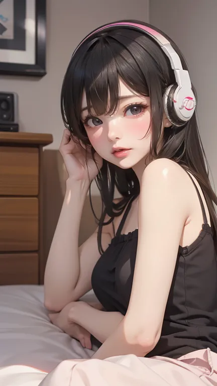 Girl listening to music in cozy room at night, Using headphones, 2D style anime, Low Fidelity, harddisk, Dark Environment, Zoom in to her girl