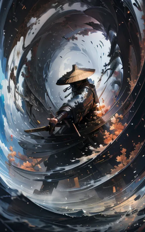 painting, a chinese warrior with a sword in his hand, swirling cyclone, bambushut, super wide angle lens, bunte arrangements, sh...