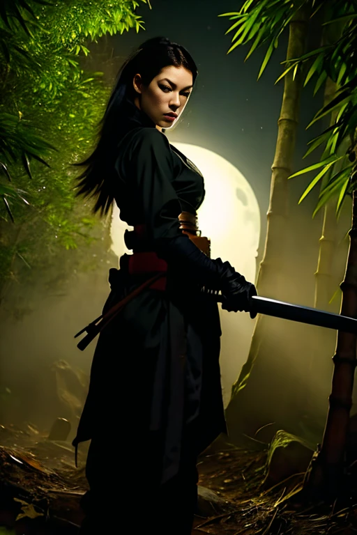  Stoya(stoya-v2), Assassin dressed in traditional ninja attire, blending seamlessly into the bamboo forest at night. She holds a katana with precision, ready to strike, with a calm yet intense focus in her eyes. The scene is serene yet tense, with moonlight filtering through the leaves and illuminating the assassin's figure. The image should highlight the contrast between the natural beauty of the forest and the lethal presence of the ninja, with attention to detail in the fabric of his clothing and the sharpness of his blade.